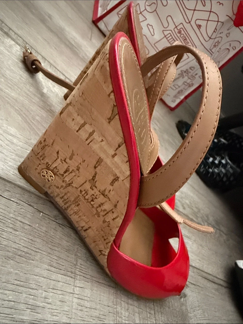 Tory Burch Red Patent Leather Open-Toe Slingbacks with Tan Straps